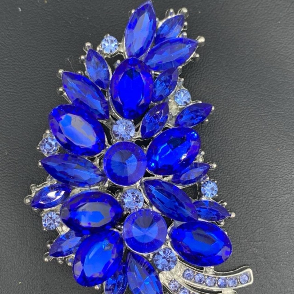 Silver tone and Large blue rhinestone brooch